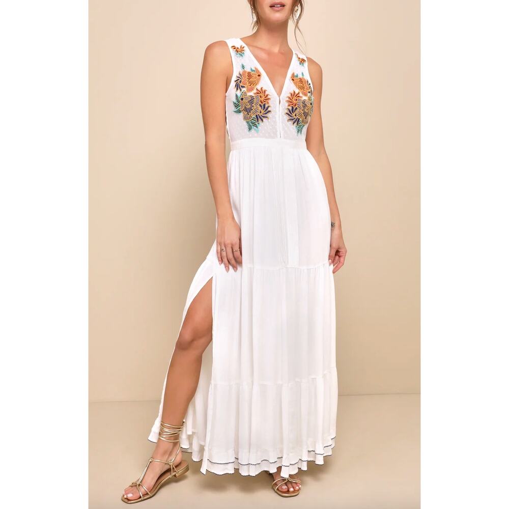 Lulu's White Maxi Dress with Embroidered Floral Bodice